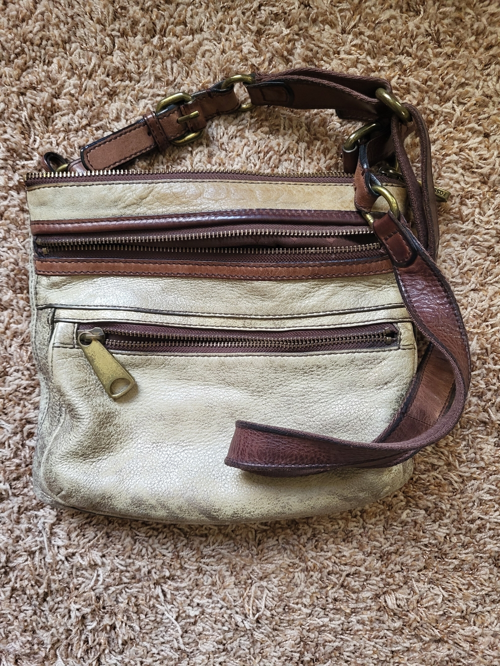Fossil Metallic Gold and Brown Leather Crossbody